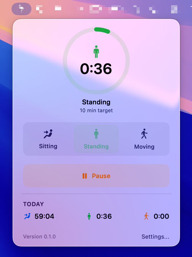 Flamingo app showing the standing timer with 0:36 elapsed